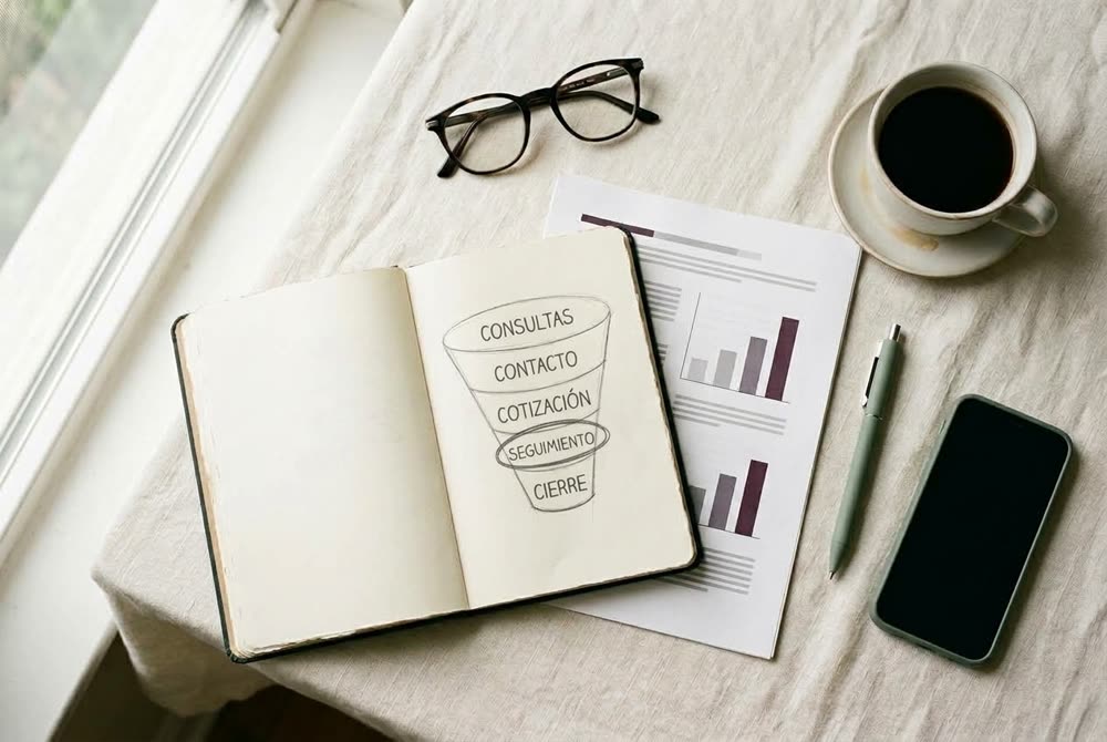 Cuaderno con un embudo de ventas donde el seguimiento está marcado como freno