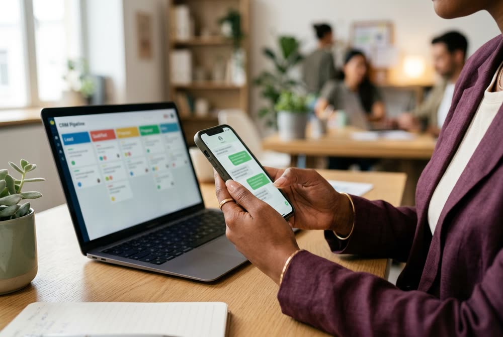 Vendedora dando seguimiento por WhatsApp con el pipeline del CRM abierto